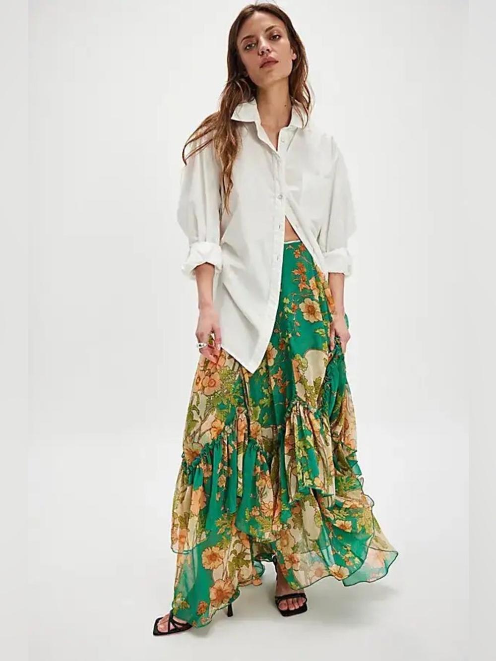 Free People Palermo Villa Chiffon Floral Maxi Skirt Emerald Combo